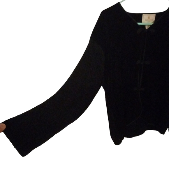 VTG Velvety Express Tricot Cardigan Mix Fabric Knot Latch & Hoop Front Regal  S - Picture 3 of 9